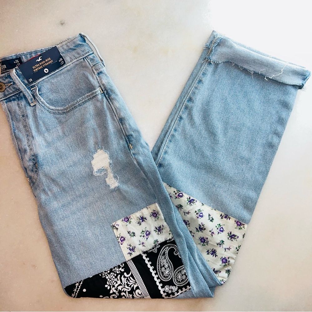 Hollister Patchwork Ultra High Rise Vintage Straight Jeans 3 Regular W 26 L 27